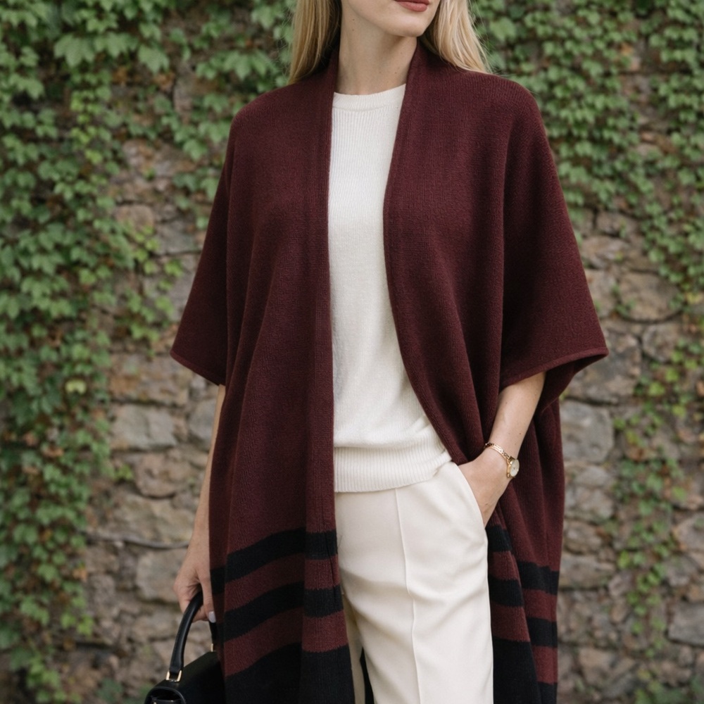 L.L. BEAN 100% Lambswool Burgundy Striped One-Size Ruana/Cardigan/Open Poncho
